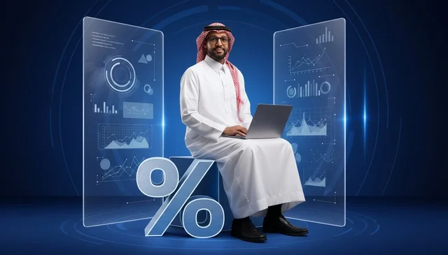 رجل أعمال سعودي مع محمول ورمز النسبة المئوية