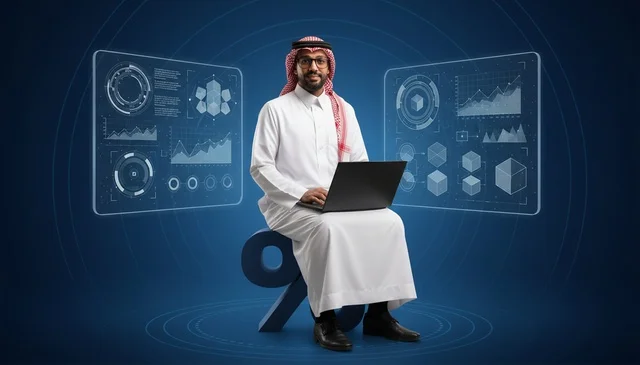 رجل أعمال سعودي مع كمبيوتر محمول وشاشة بيانات