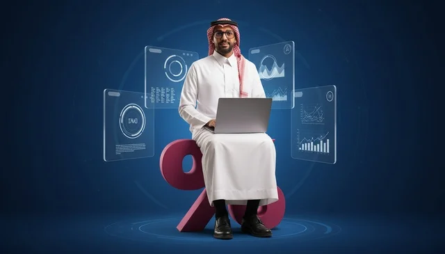 Saudi Businessman Sitting on Percentage Sign with Laptop