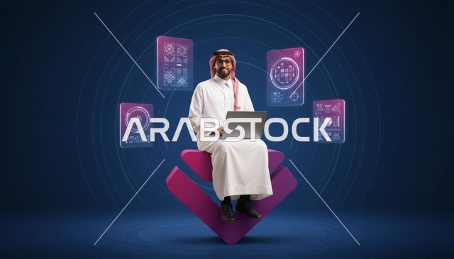 Saudi Man Using Laptop with Digital Holograms