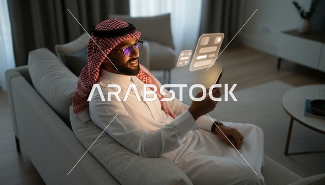 Saudi Man Using Smartphone with Digital Holograms
