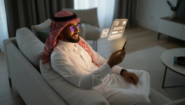 Saudi Man Using Smartphone with Digital Holograms