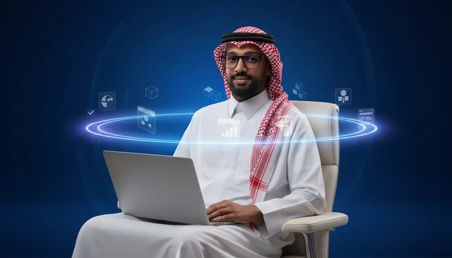 رجل أعمال سعودي مع لابتوب وأيقونات بيانات رقمية