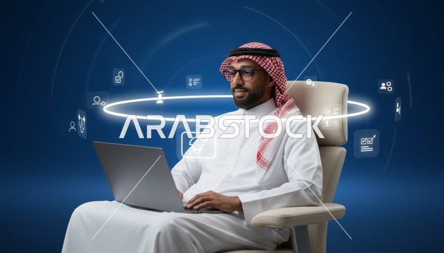 رجل أعمال سعودي يستخدم الكمبيوتر المحمول مع واجهة رقمية