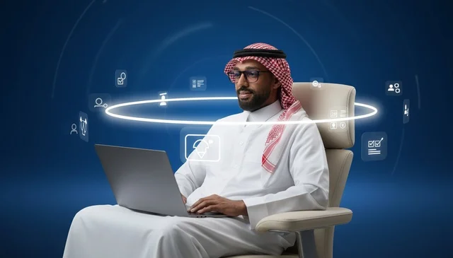رجل أعمال سعودي يستخدم الكمبيوتر المحمول مع واجهة رقمية