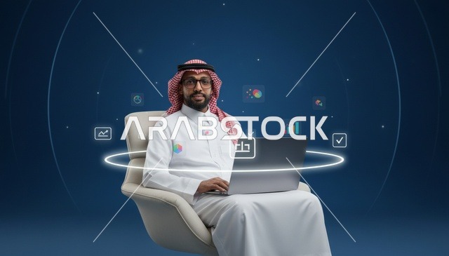 رجل أعمال سعودي يستخدم الحاسوب مع أيقونات رقمية