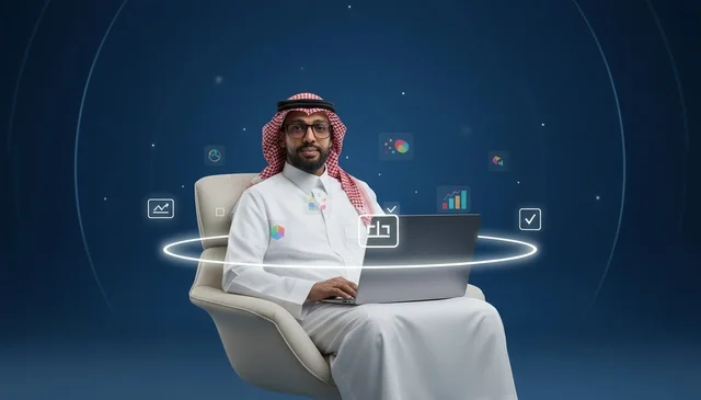 Saudi Businessman Using Laptop with Digital Data Icons