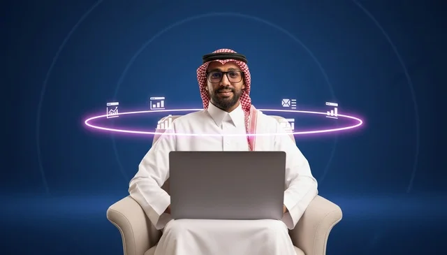 رجل أعمال سعودي مع لابتوب وأيقونات بيانات رقمية