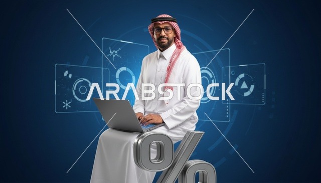 رجل سعودي مع لابتوب فوق رمز النسبة المئوية