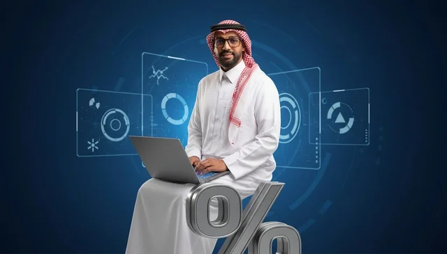 رجل سعودي مع لابتوب فوق رمز النسبة المئوية