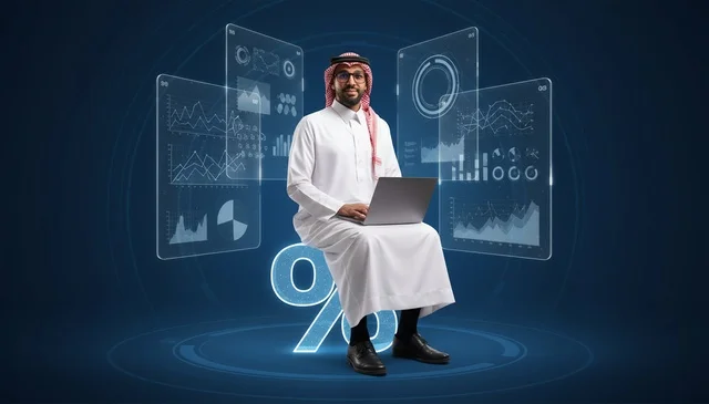 رجل أعمال سعودي على رمز النسبة المئوية مع لابتوب رجل أعمال سعودي على رمز النسبة المئوية مع لابتوب