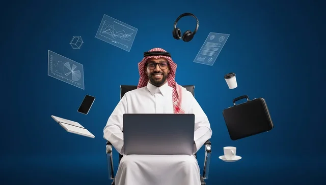 Saudi Man with Laptop and Floating Business Icons