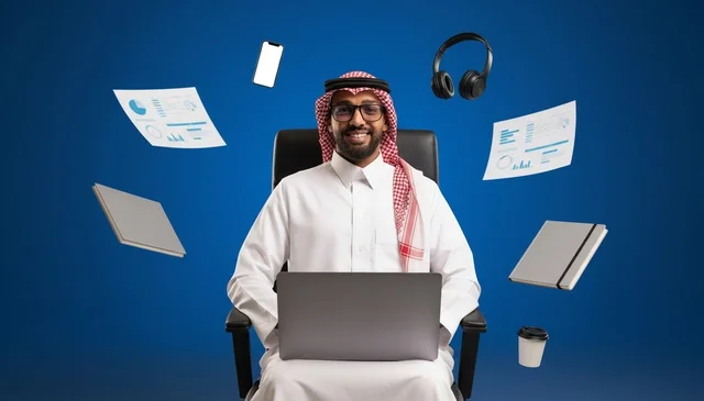 Saudi Man with Laptop and Floating Office Icons