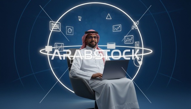 Saudi Man Using Laptop with Digital Data Interface