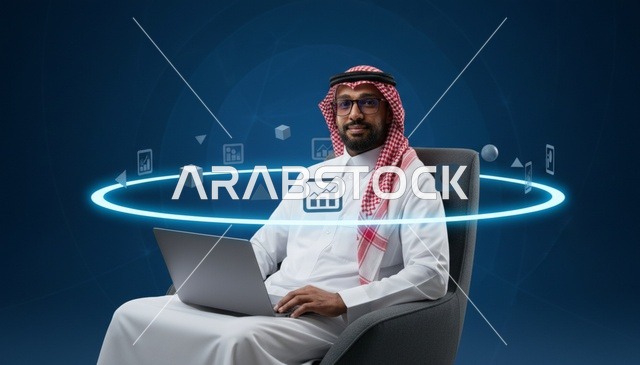 رجل أعمال سعودي يستخدم المحمول مع أيقونات بيانات رقمية