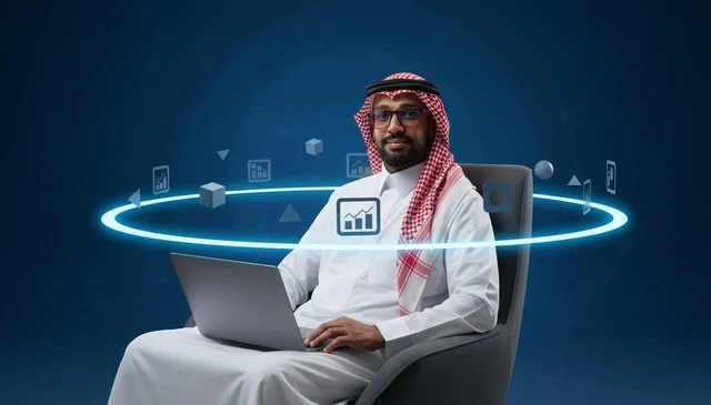 Saudi Businessman Using Laptop with Digital Data Icons