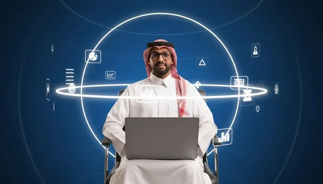 Saudi Man with Laptop and Digital Hologram