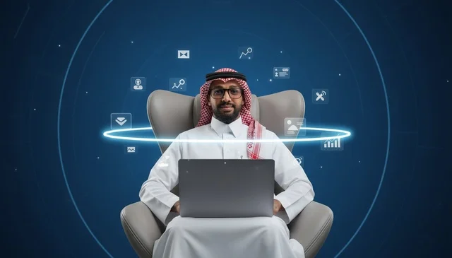 Saudi Businessman with Laptop and Digital Icons
