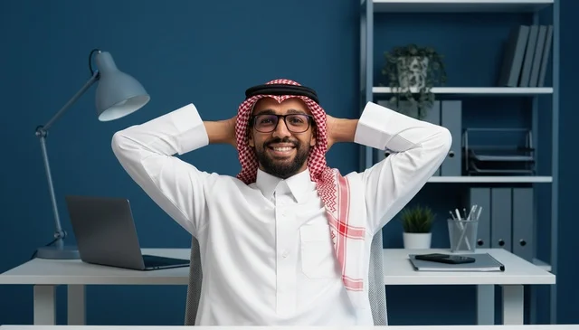 رجل أعمال سعودي يبتسم في مكتب عمل حديث