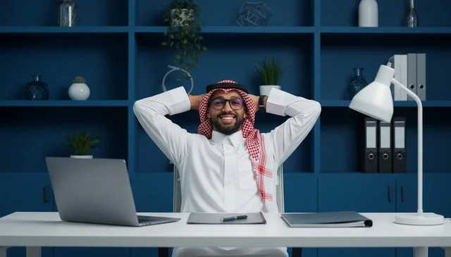 Saudi Professional in Traditional Thobe at Office Desk