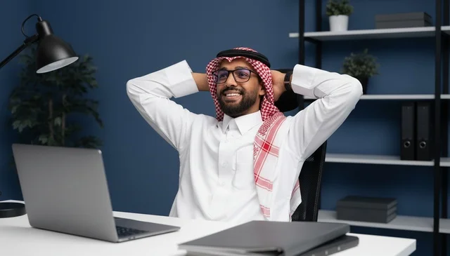 رجل أعمال سعودي يسترخي في مكتبه مع حاسوب محمول