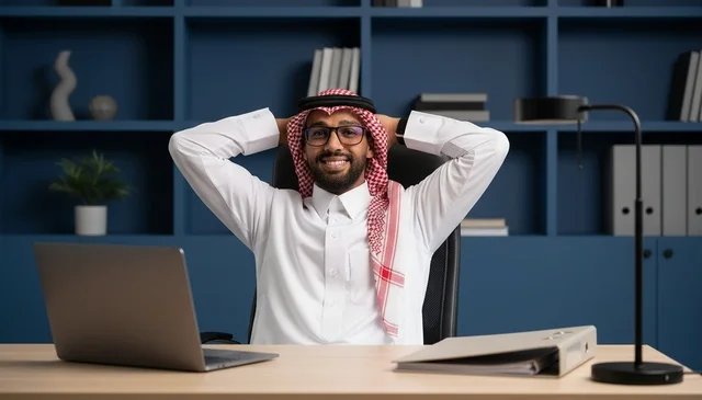 رجل أعمال سعودي يسترخي في مكتبه مع حاسوب محمول