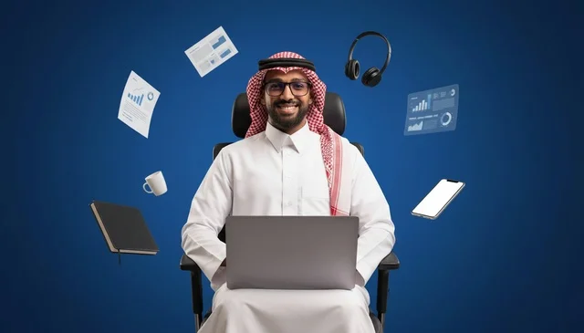 Saudi Businessman with Laptop and Floating Digital Icons