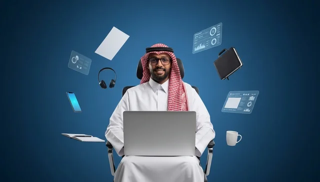 Saudi Businessman with Laptop and Floating Digital Icons