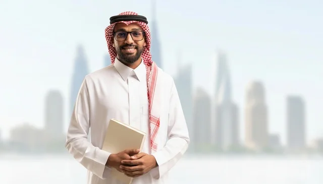 رجل سعودي بالثوب التقليدي يحمل كتاباً أمام أفق المدينة