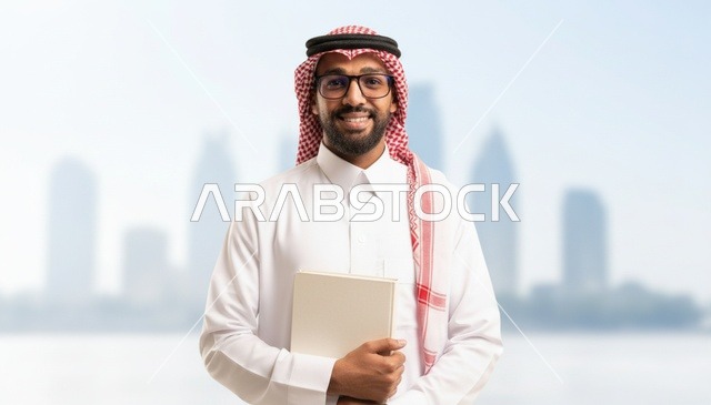 رجل سعودي يحمل كتاباً مع خلفية أفق المدينة
