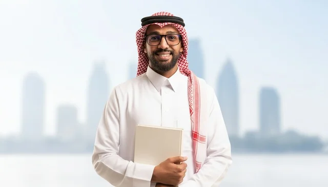 Saudi Man Holding Book with Urban Skyline Background