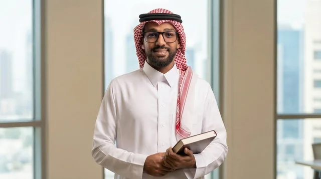 رجل أعمال سعودي في مكتب حديث يحمل كتاباً