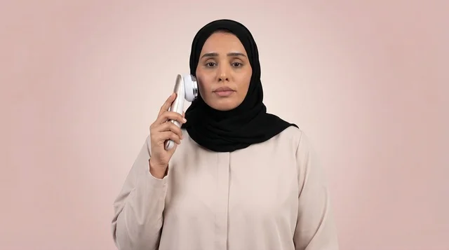 سيدة سعودية تستخدم جهاز تدليك الوجه الإلكتروني