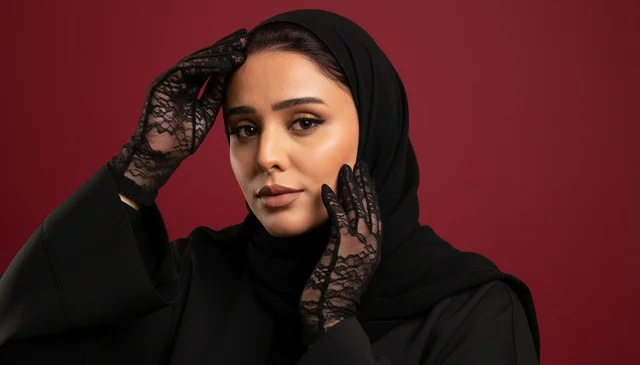 بورتريه امرأة عربية بعباءة وقفازات دانتيل