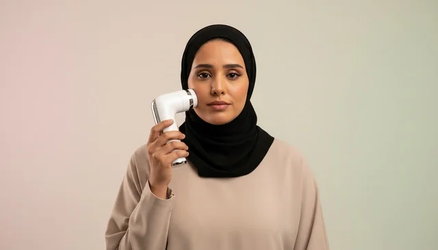 امرأة سعودية بالحجاب تستخدم جهاز العناية بالبشرة