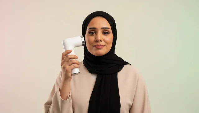 امرأة عربية بالحجاب تستخدم جهاز تدليك الوجه