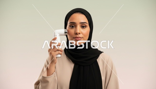 امرأة عربية تستخدم جهاز العناية بالبشرة في الاستوديو