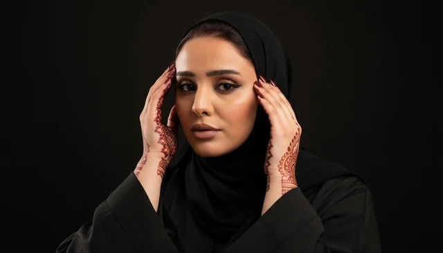 بورتريه امرأة إماراتية بالعباءة السوداء ونقوش الحناء