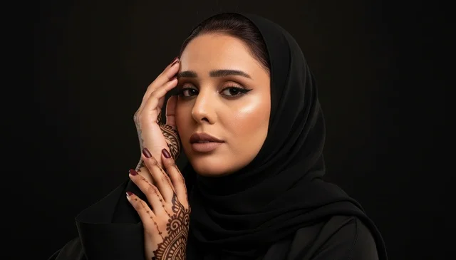 امرأة إماراتية بالعباءة السوداء مع نقش الحناء