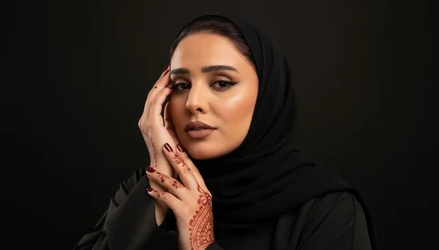 Saudi Woman in Black Abaya with Henna Hands