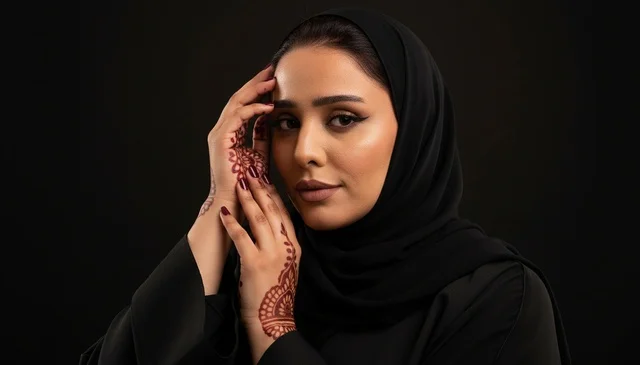 امرأة سعودية بالعباءة السوداء ونقش الحناء