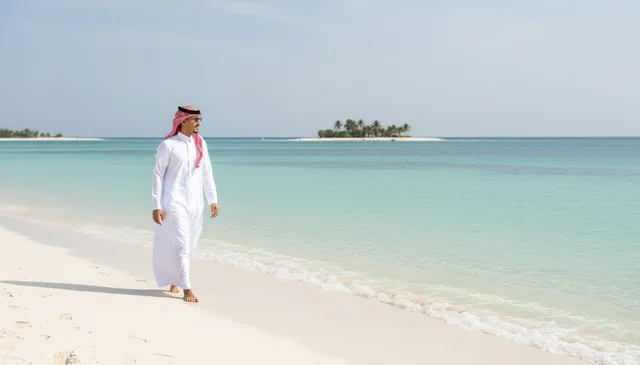 Saudi Man in Traditional Thobe Walking on Tropical Beach