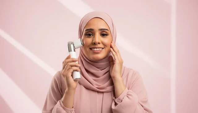 Arab Woman in Pink Hijab Using Facial Skincare Device