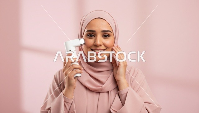 امرأة عربية تستخدم جهاز العناية بالبشرة بالحجاب