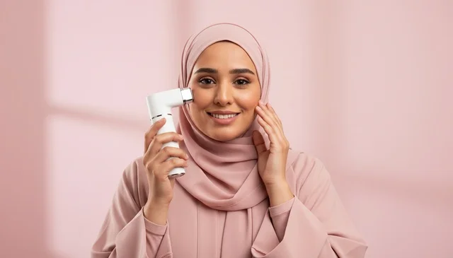 امرأة عربية تستخدم جهاز العناية بالبشرة بالحجاب