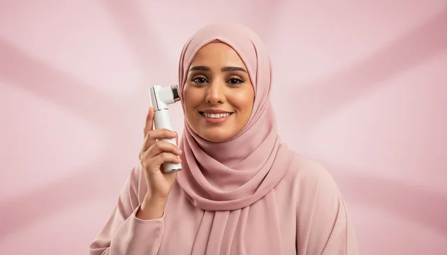 امرأة عربية بحجاب تستخدم جهاز العناية بالبشرة