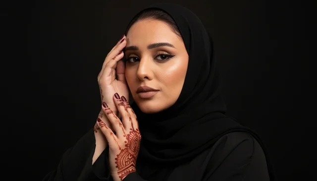 امرأة سعودية بالعباءة السوداء ونقش الحناء التقليدي