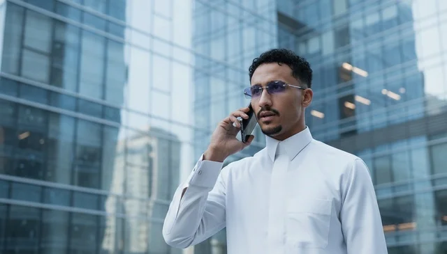 Saudi Businessman in Thobe on Phone in Financial District