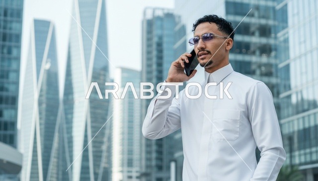 رجل أعمال سعودي بالثوب يتحدث بالهاتف في المدينة