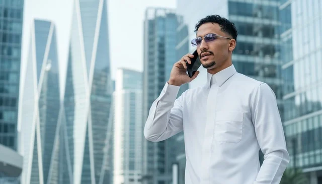 رجل أعمال سعودي بالثوب يتحدث بالهاتف في المدينة